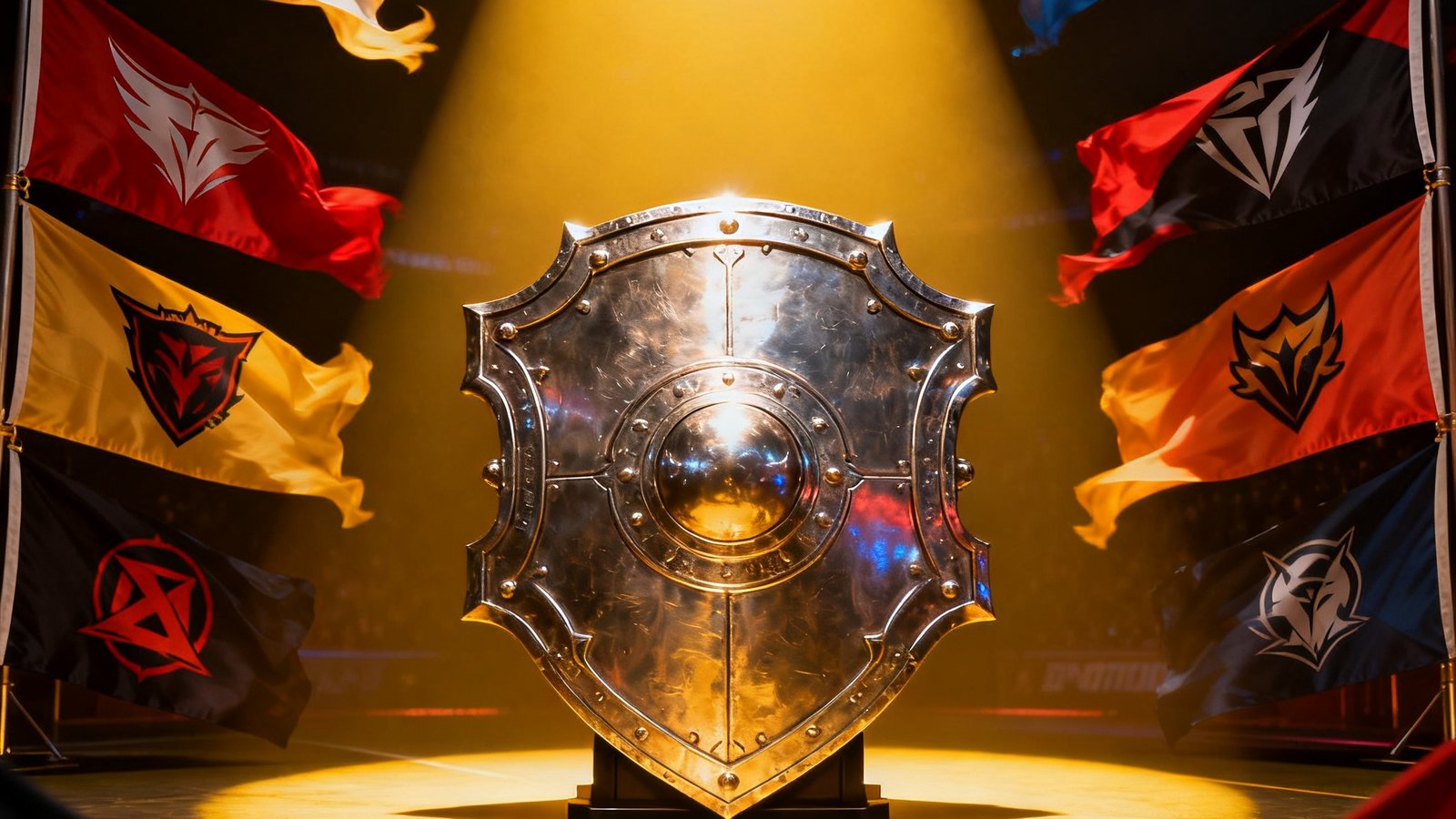DOTA2国际邀请赛冠军奖盾在聚光灯下熠熠生辉，周围环绕着历届冠军战队的队旗