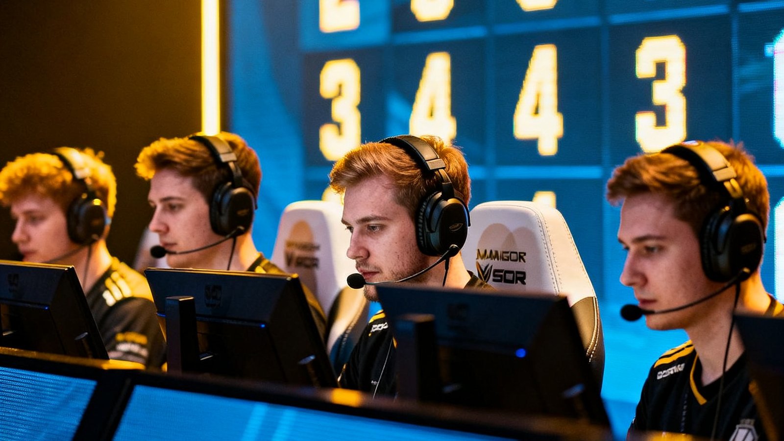 CS:GO Major锦标赛现场，五名队员佩戴耳机全神贯注地盯着屏幕，身后是巨大的LED比分显示墙