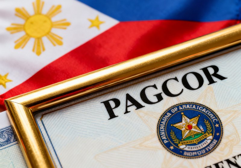 PAGCOR官方牌照证书特写，金色边框与官方印章清晰可见，背景为菲律宾国旗