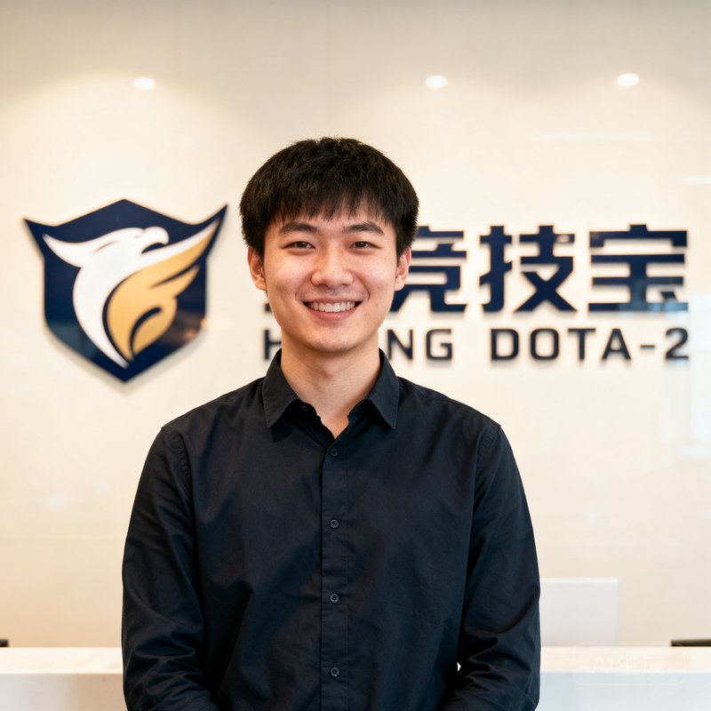 竞技宝创始人陈志豪，前DOTA2职业选手，身穿深色衬衫站在公司logo墙前微笑